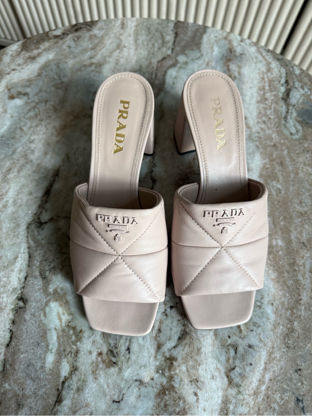 Prada Nude Pink Quilted Nappa Leather Triangle Logo Block Heel Mules 39